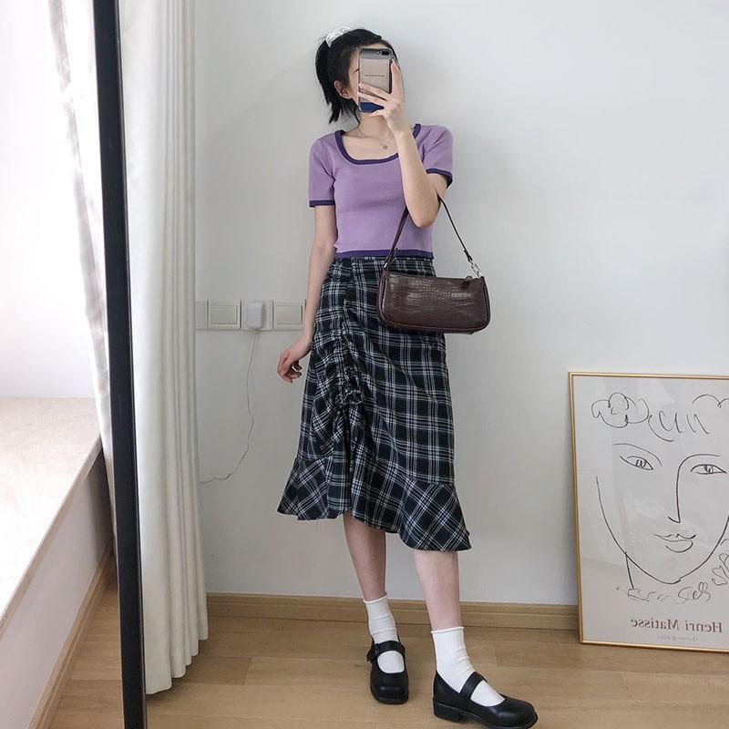 Women Summer Vintage High Waist Wild Plaid Print Skirt Casual Maxi Dress