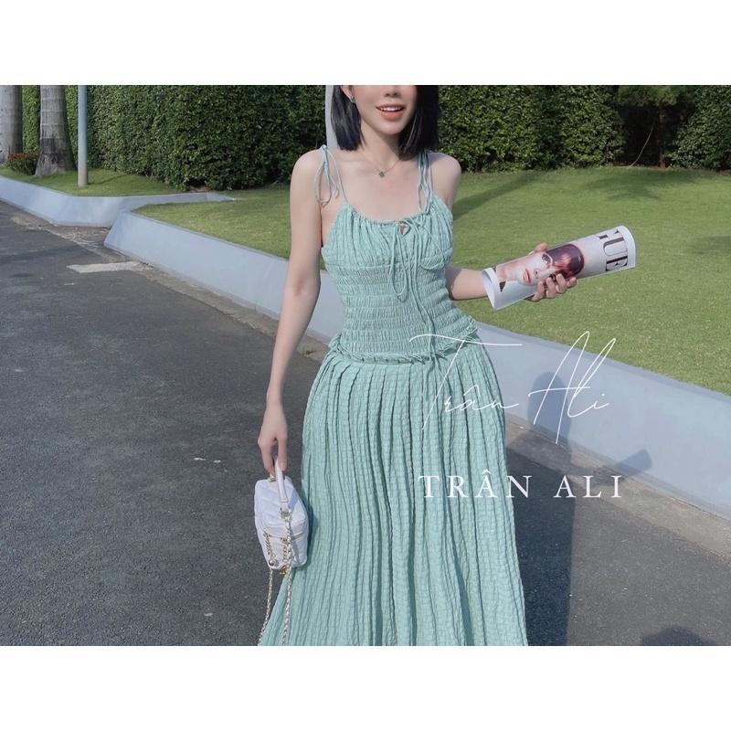 Đầm 2 dây nhún TRẮNG ĐỎ XANH
