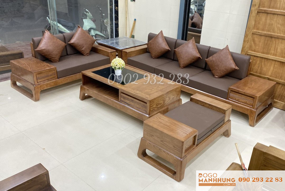 Bộ bàn ghế phòng khách, sofa 2 văng gỗ sồi G003