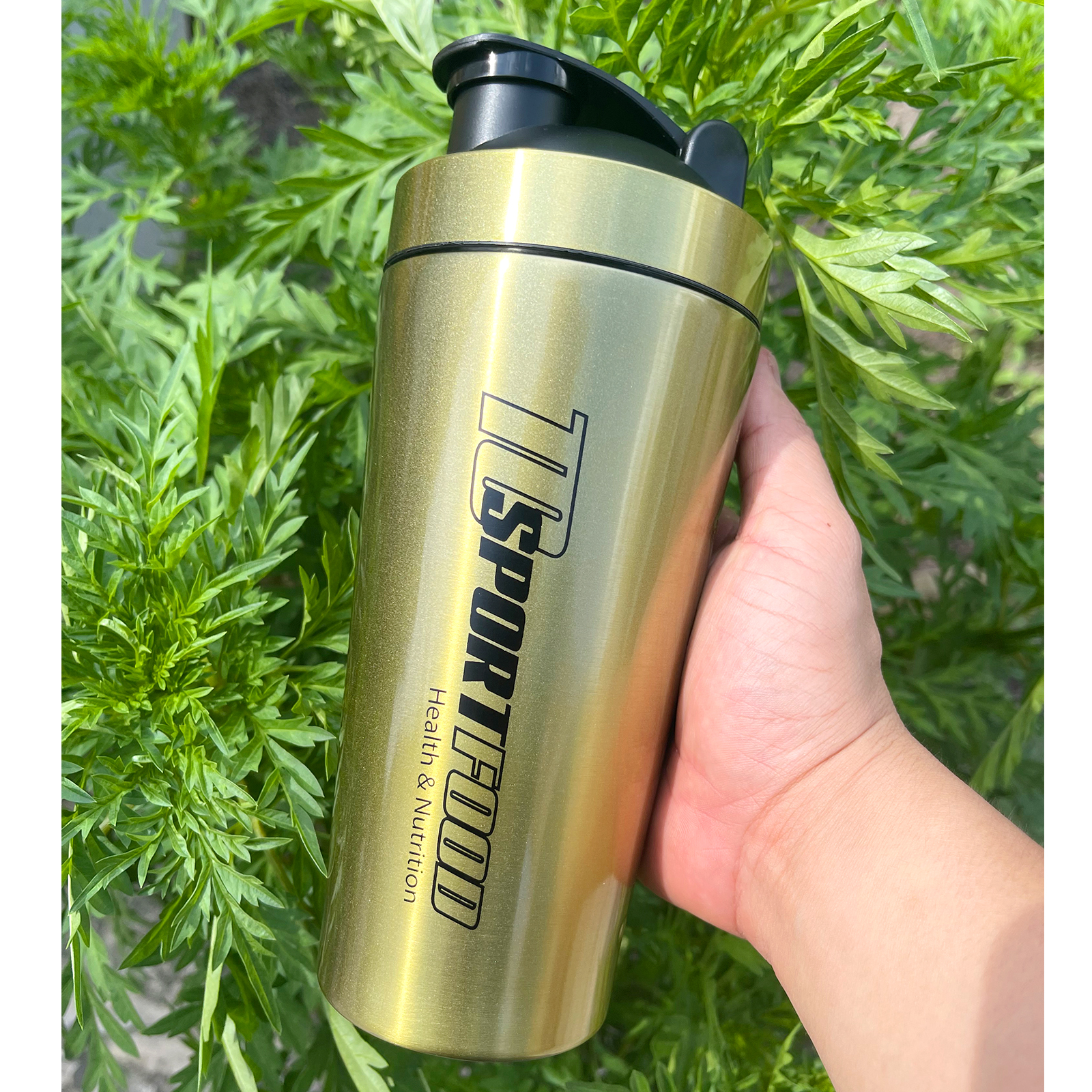 Bình lắc Shaker bằng INOX pha sữa cho người tập GYM hiệu TCSPORTFOOD - Bình nước thể thao Shaker 739 ml - Màu vàng nắp đen