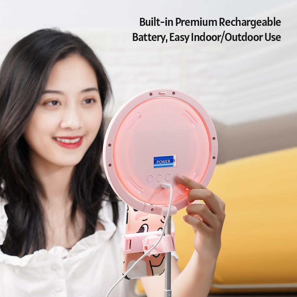 Đèn tự sướng hình tròn di động ánh sáng lấp đầy với gương trang điểm có giá đỡ điện thoại đế tròn 3 màu