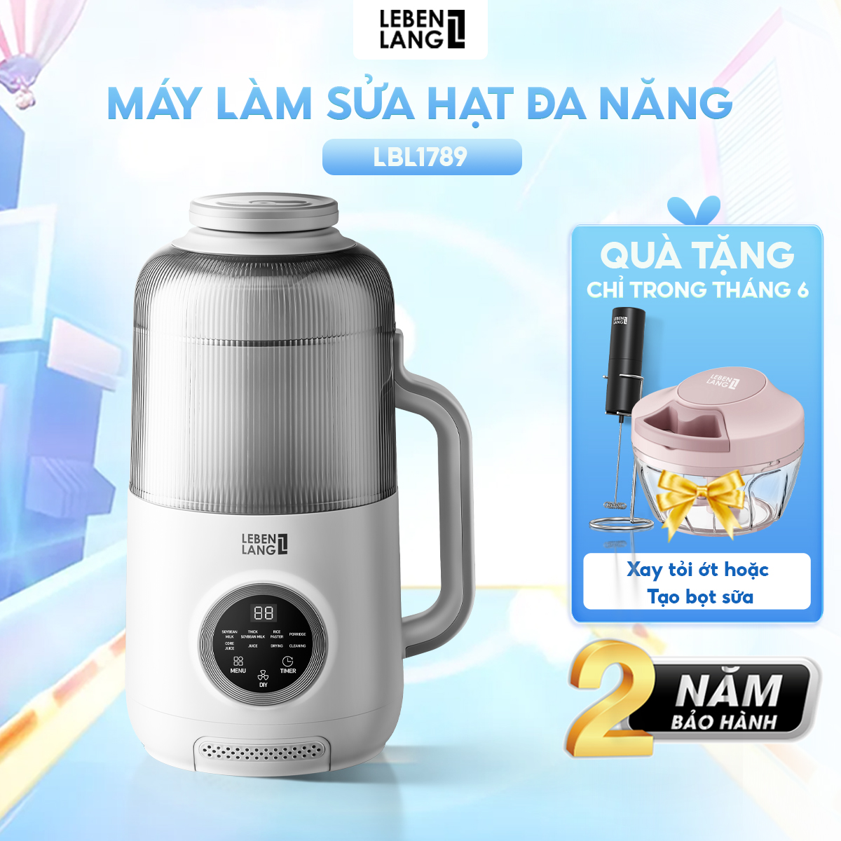 Máy làm sữa hạt đa năng Lebenlang LBL1789, công suất 800W, dung tích 1200ml, tiết kiệm thời gian, bảo hành 2 năm - hàng chính hãng
