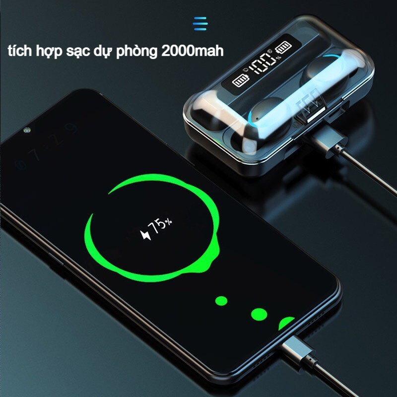 Tai nghe Bluetooth 5.0 TEKKIN F9 PRO - Nút Cảm Ứng Chống Nước - Pin Sạc 2000mah - Hàng chính hãng / Hàng nhập khẩu