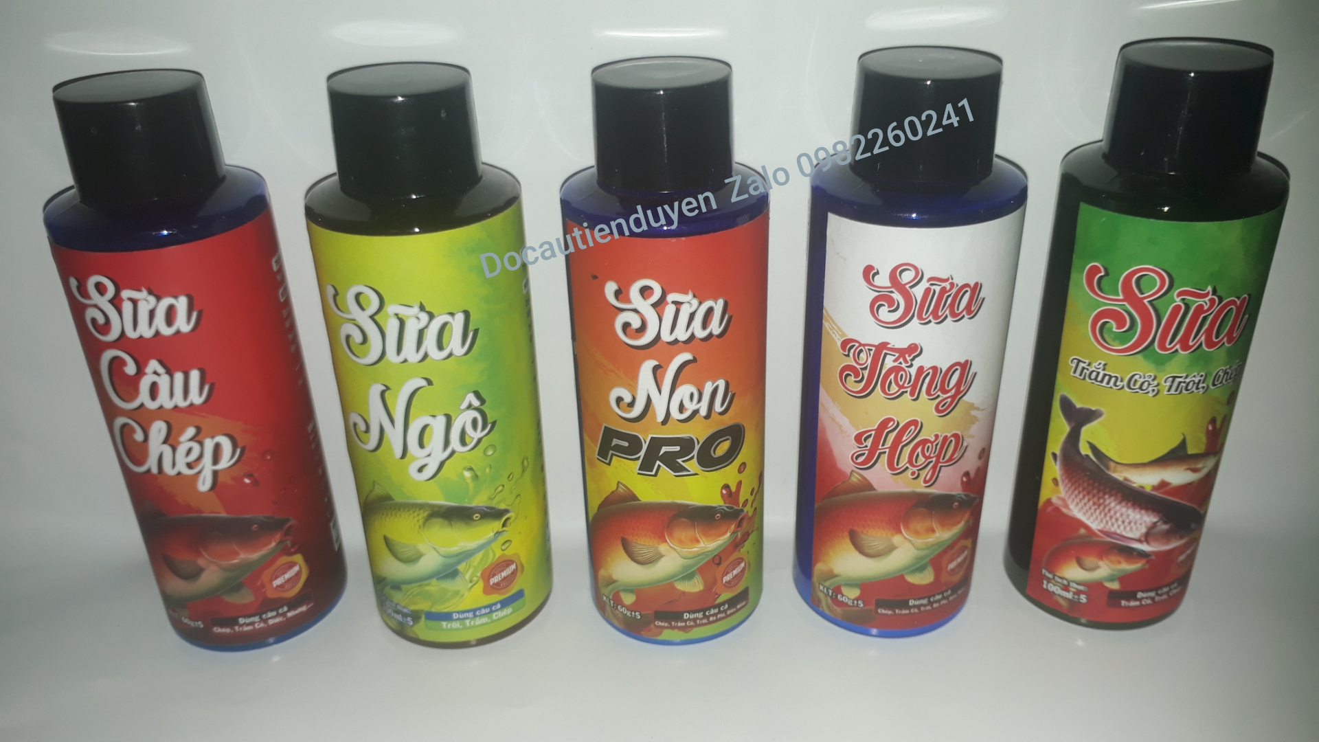 Combo 5 Lọ SỮA CÂU CÁ,Sữa Câu Chép,Sữa Ngô,Sữa Non Pro,Sữa Tổng Hợp và Trắm Trôi Chép,Tinh mùi Dụ Cá Hãng Phú Thành