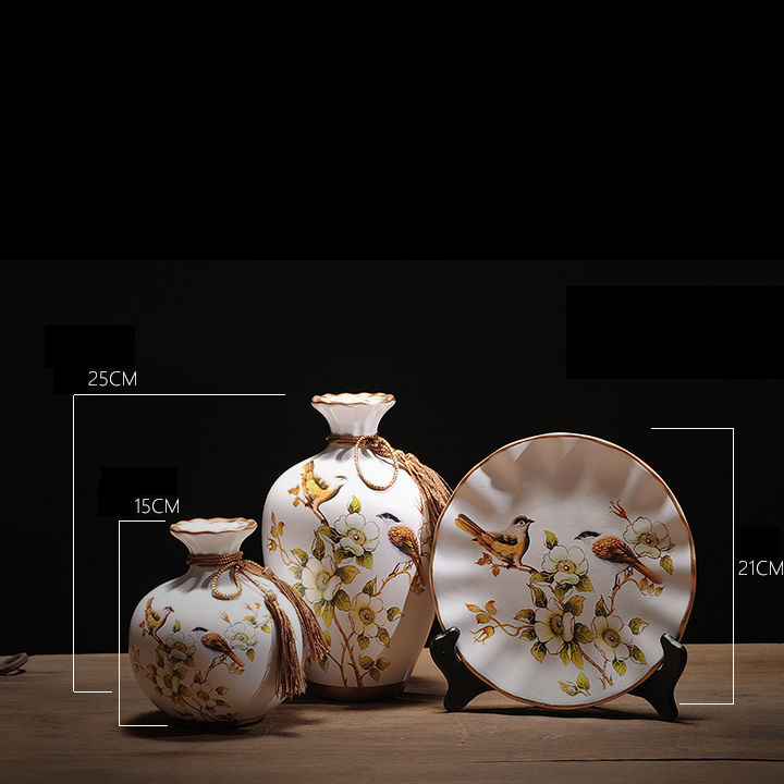 Hình ảnh bộ 3 món đĩa bình sứ decor trang trí nhà cửa kiểu dáng sang trọng