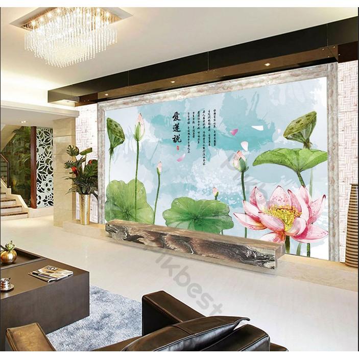 Cánh đồng hoa sen tranh thư pháp,Tranh 3d dán tường hiện đại trang trí phòng khách phòng ngủ MS1124845