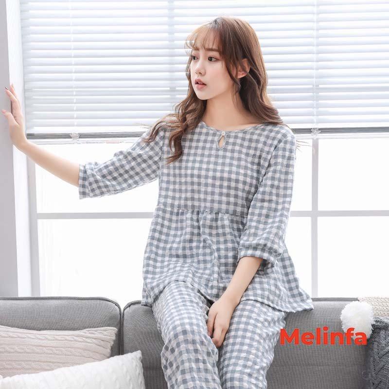 Bộ đồ ngủ nữ, bộ Pyjamas mặc nhà nữ cổ tròn tay lửng, quần dài chất cotton lụa tự nhiên phong cách trẻ trung mã VABD0197