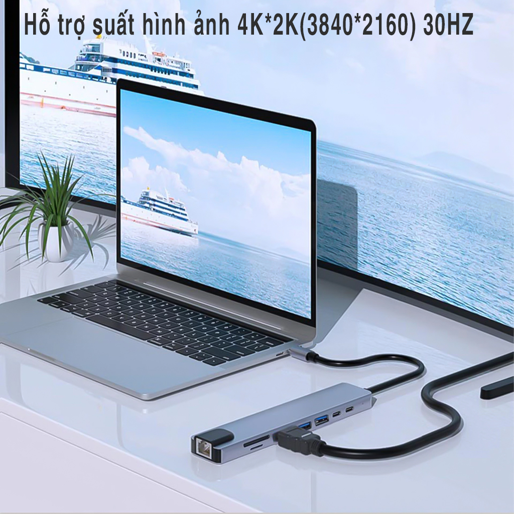 Vinetteam Hub USB TYPE-C 8 Cổng HDMI 4K 60Hz/ USB 3.0/ TF/ SD/ RJ45 100Mbps Dành Cho Macbook, PC Và Devices - Hàng Chính Hãng