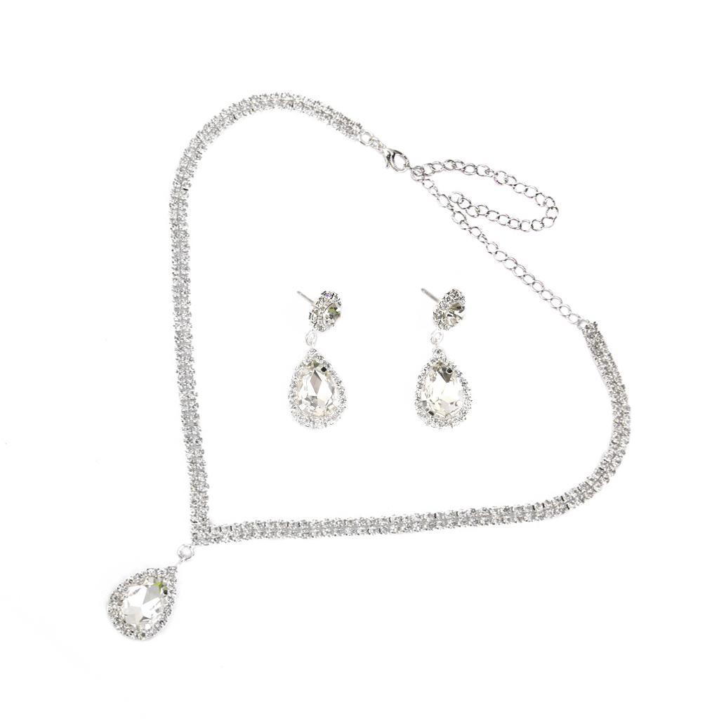 Wedding Prom Bridal Crystal Diamante Tear Drop Necklace Earrings Jewelry Set