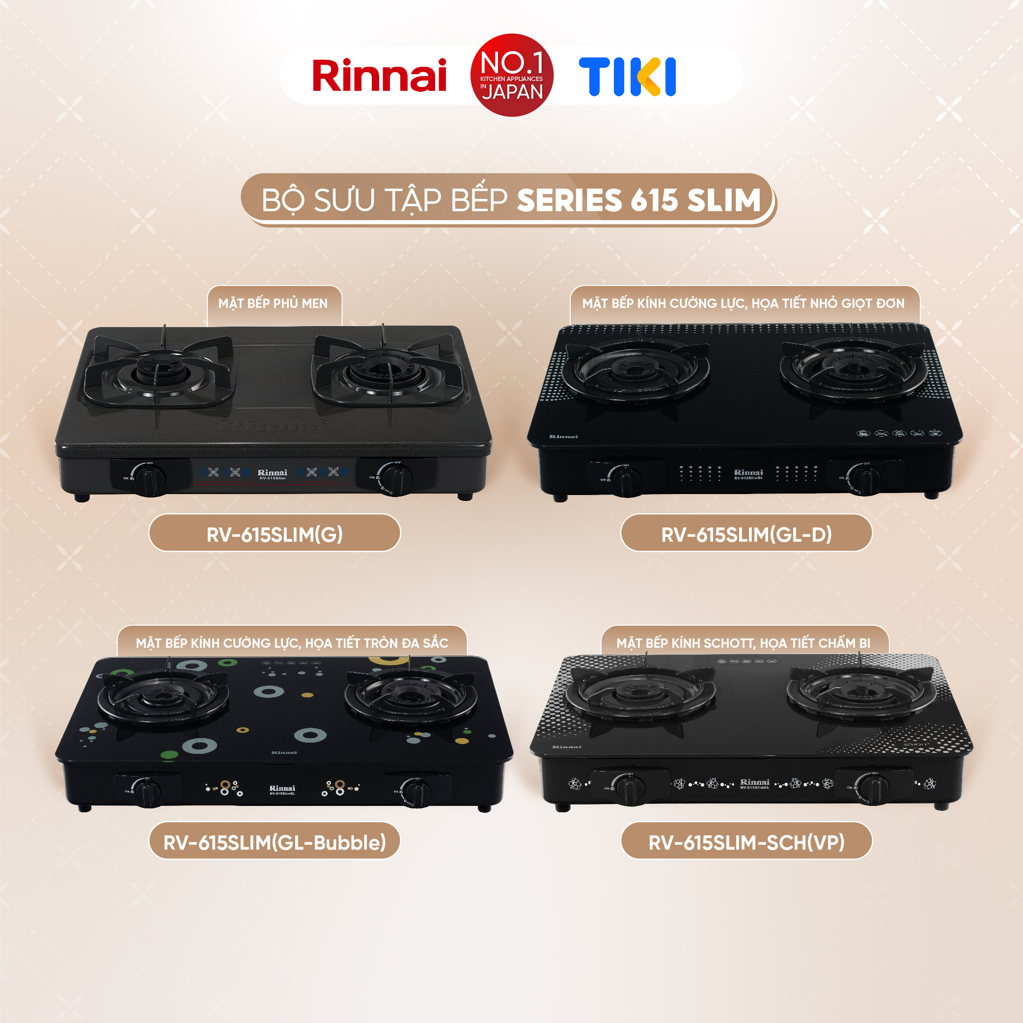Bếp gas dương Rinnai RV-615Slim-SCH(VP) mặt bếp kính Schott và kiềng bếp men - Hàng chính hãng