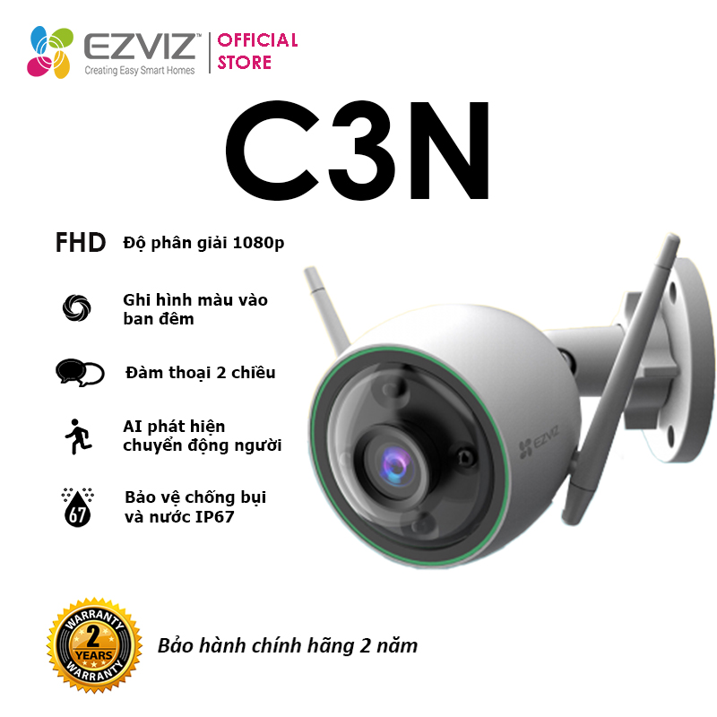 Camera EZVIZ C3N 1080P, WI-FI Không Dây, IP67 Ngoài Trời, Ghi Gình Ban Đêm Có Màu, Tích Hợp AI Phát Hiện Hình Dáng Người, Chuẩn Nén Video H.265--Hàng Chính Hãng