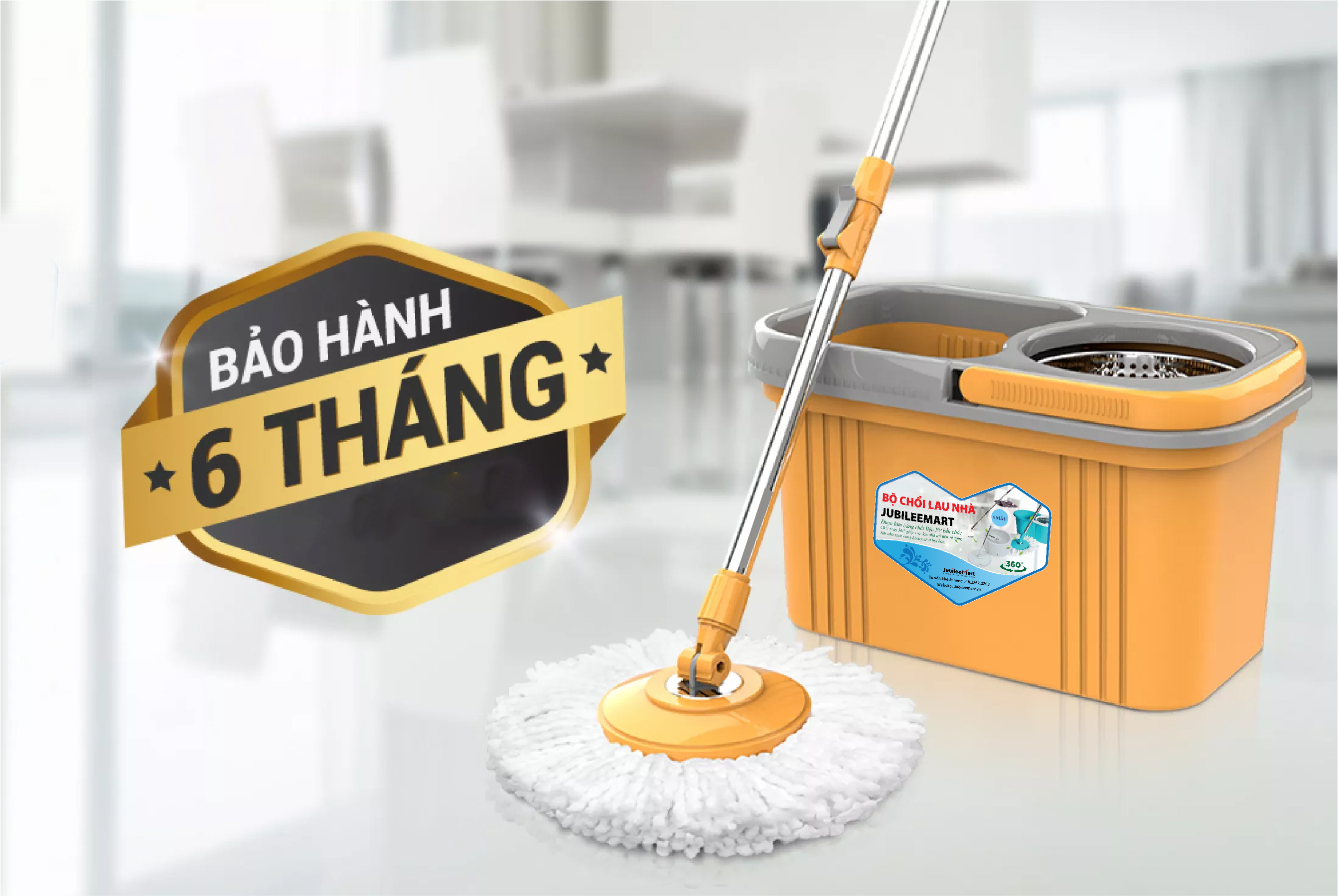 Chổi Lau Nhà Thông Minh 360 Độ (Vàng) Tách Nước Bẩn, Lau Sạch Khô Nhanh, Cán và Mâm Inox Chắc Chắn