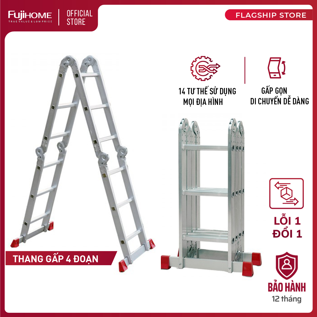 Thang nhôm gấp đa năng 4 đoạn 3.4M - 3.7M nhập khẩu CN Nhật Bản FUJIHOME ML103, thang xếp đa năng 12 tư thế sử dụng - Hàng chính hãng