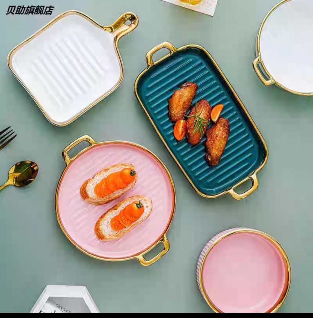 Đĩa sứ chữ nhật to - Đĩa sứ đẹp 2 tay cầm viền vàng cực chảnh - Đĩa sứ đựng thức ăn cho nhà hàng, gia đình