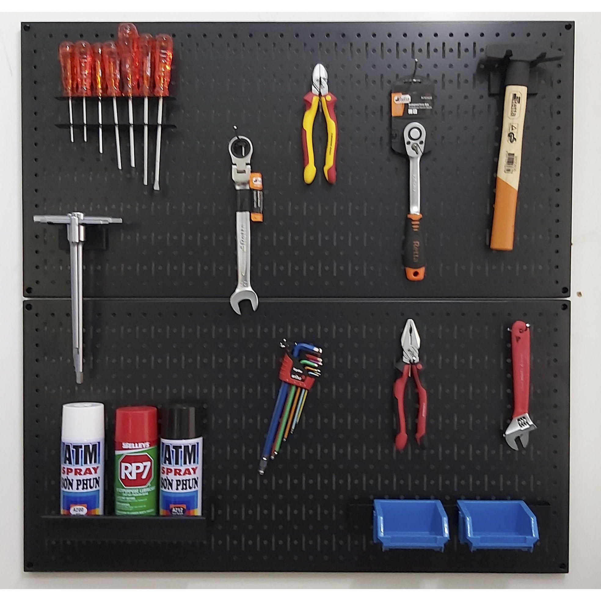 Tấm lưới pegboard đôi màu đen kèm phụ kiện treo tường - 2 tấm