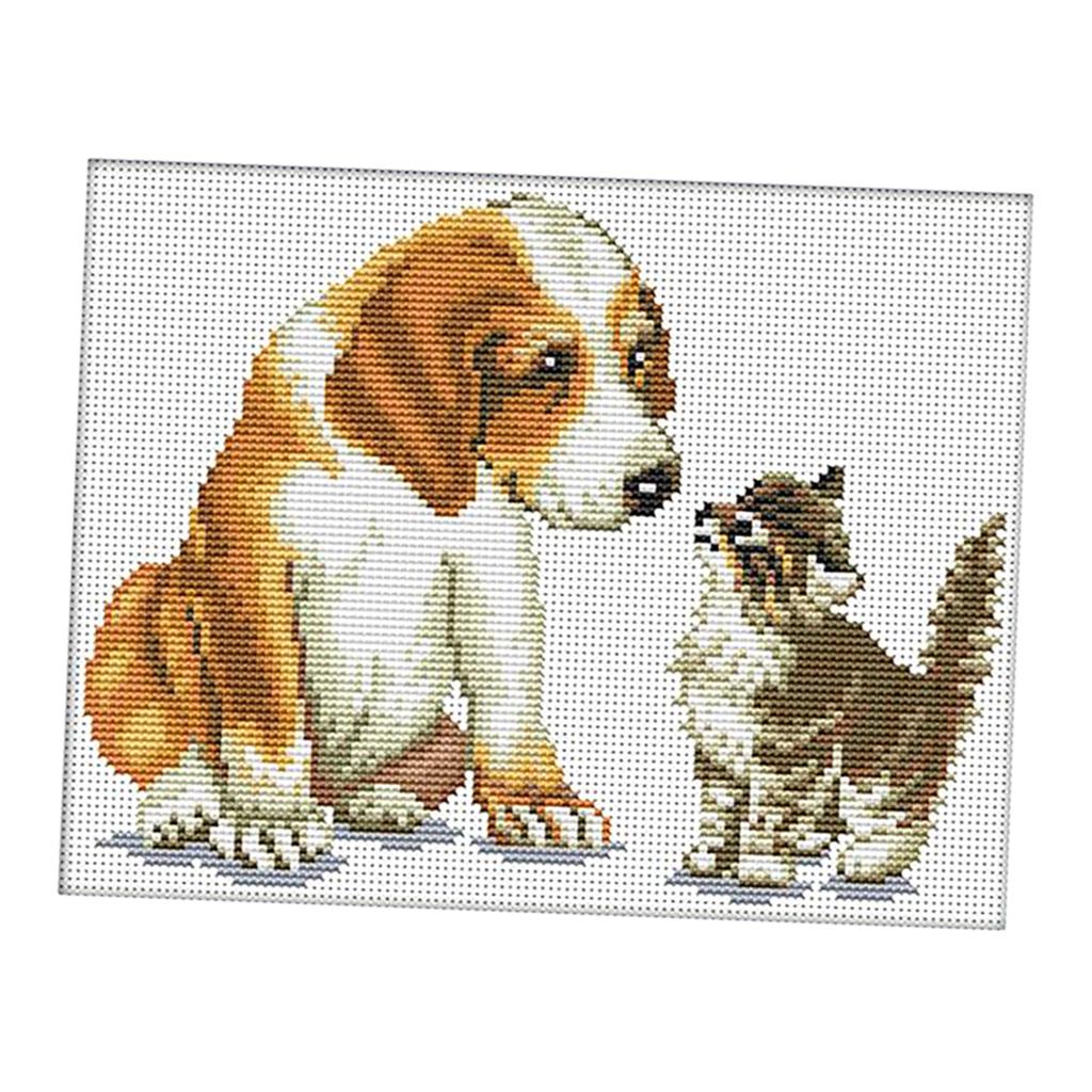 DIY Stamped Cross Stitch Kit Pre-Printed Pattern - Dog Cat 11 Count 35x29cm