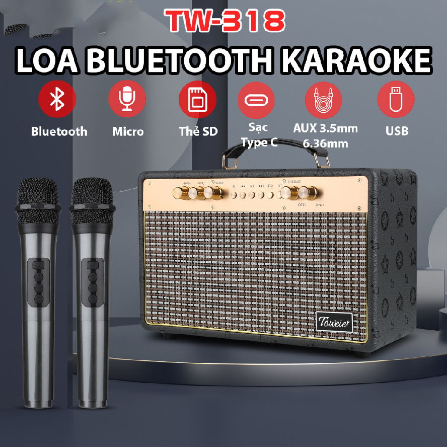 Loa Xách Tay Karaoke Bluetooth Toweiet TW-318 Tặng Kèm 2 Micro Không Dây, Âm Thanh Sóng Động Chất Lượng Cao Cực Hay