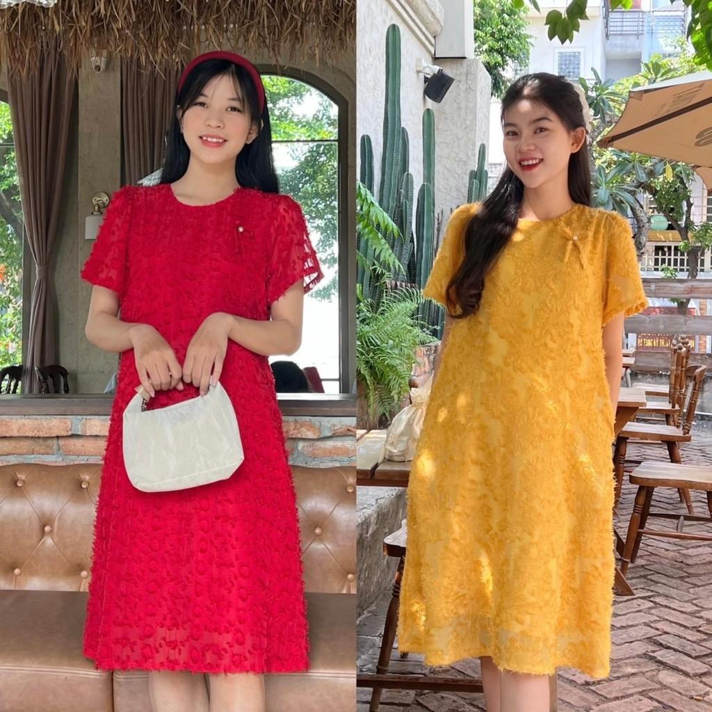 Đầm bầu tơ thêu nổi phom suông cách điệu đính nơ xinh xắn đi chơi, dự tiệc Nữ Women - Hồng