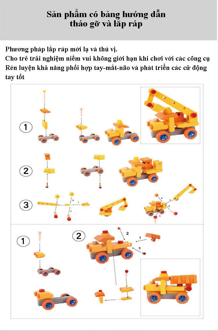 Bộ Đồ Chơi Tháo Gỡ Và Lắp Ráp Xe Cần Cẩu, Đồ Chơi Mô Hình Máy Trộn, Đồ Chơi Xếp Hình Máy Xúc, Đồ Chơi Gỗ Cao Cấp Xe Tải Tự Đổ-Chính Hãng BABYBOSS + Tặng Kèm Tranh Ghép Bằng Gỗ