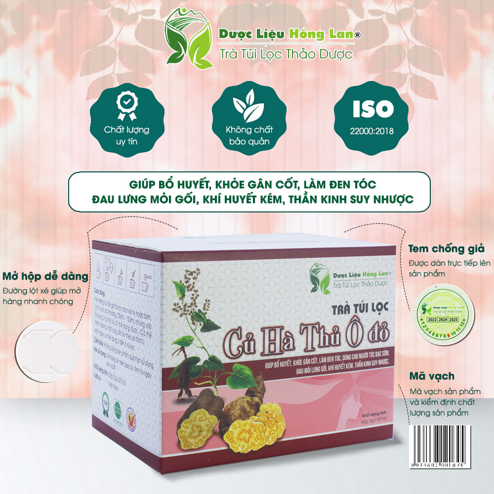 Trà Củ Hà Thủ Ô Đỏ túi lọc hộp 60g Dược Liệu Hồng Lan - Giúp bổ huyết, khỏe gân cốt, làm đen tóc, Dùng cho người tóc bạc sớm, đau mỏi lưng gối, khí huyết kém, thần kinh suy nhược.