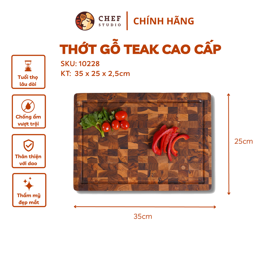 [Chính hãng] Thớt gỗ Teak Chef Studio hình chữ nhật 25x35x2,5 cm - MSP 10228. Dùng cắt, thái, khay trưng bày thực phẩm.