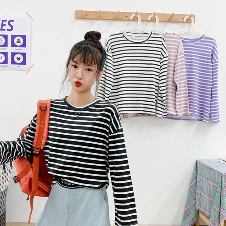 Áo Thun Nữ Tay Dài Họa Tiết Kẻ Sọc Ngang Thời Trang