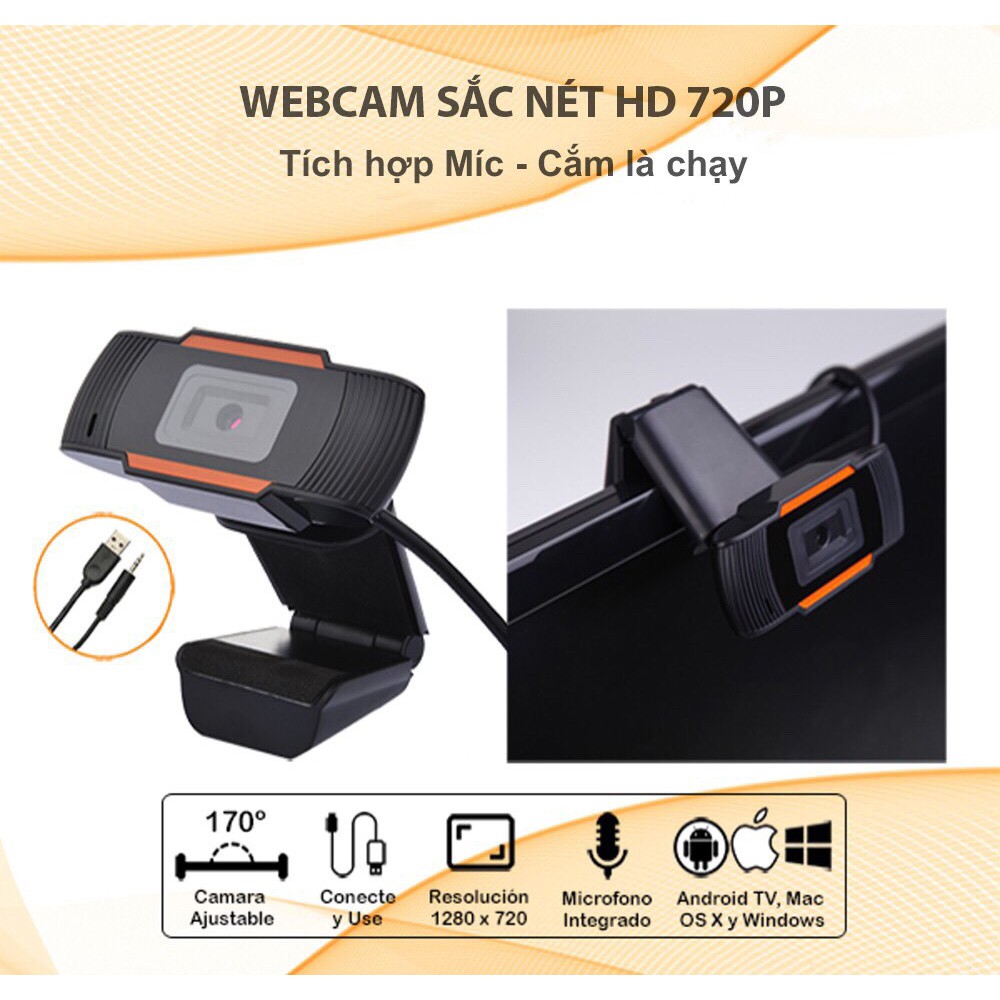 Webcam máy tính có mic HD 720P kẹp màn, sử dụng cho Livestream, Học và Làm việc Online rõ nét - Hàng nhập khẩu