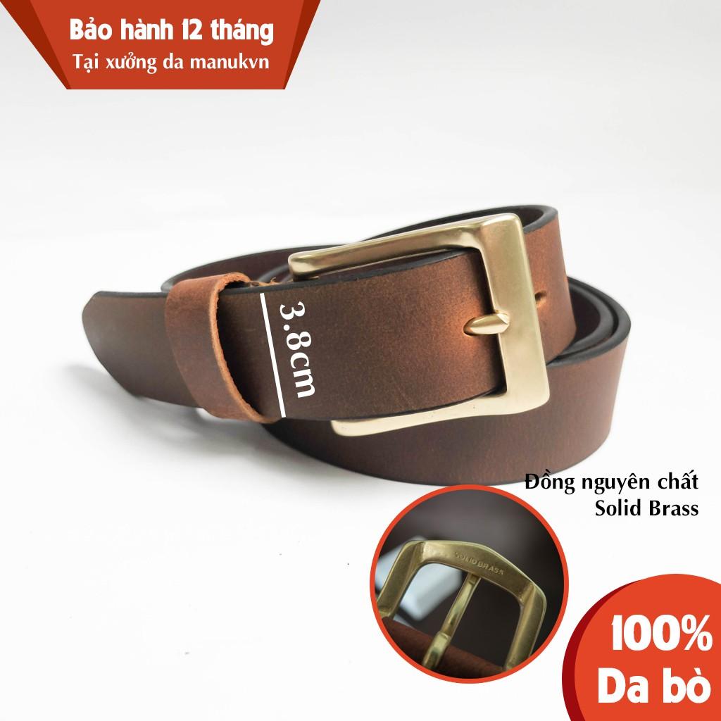 Thắt lưng nam da bò nguyên miếng, khoá đồng đúc SolidBrass | Tặng đục BV3S