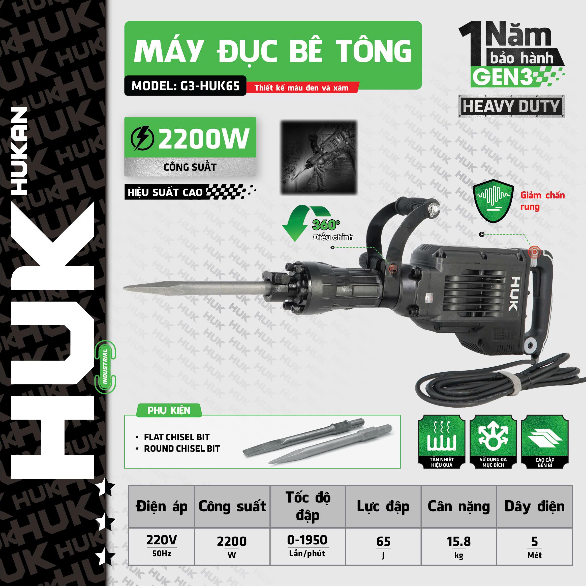 MÁY ĐỤC BÊ TÔNG 2200W G3-HUK65 HUKAN -HÀNG CHÍNH HÃNG