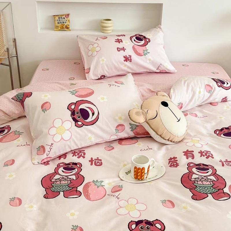 Set Cotton Living Hàng Nhập Khẩu Cao Cấp 4 Món Gấu Hồng