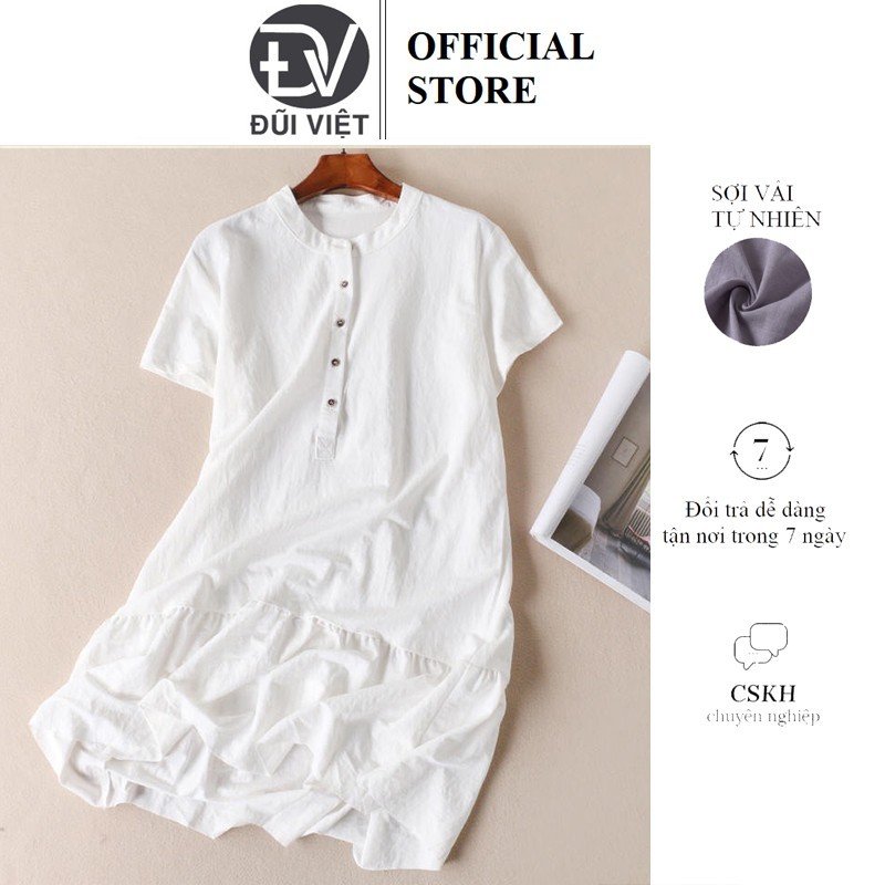 Đầm suông nữ ĐŨI VIỆT, đầm cổ tàu form rộng phong cách Nhật Bản chất đũi mềm mát, thời trang thương hiệu chính hãng DV80