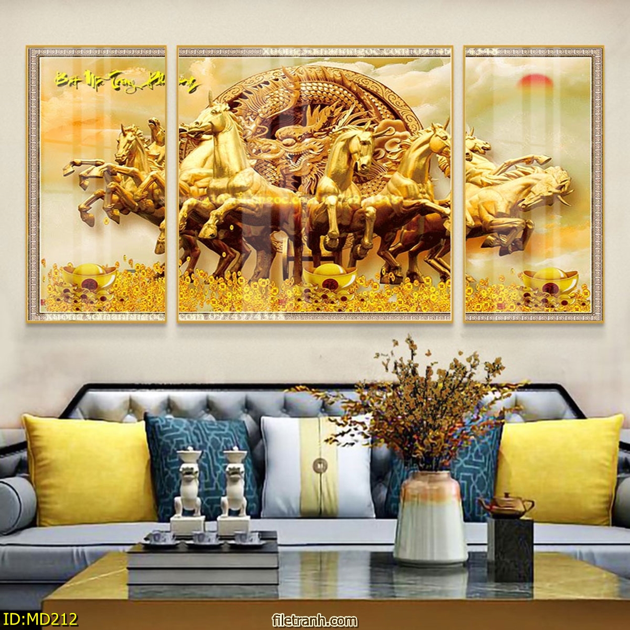 Tranh Treo Tường Cho Người Tuổi Ngọ - Tranh Canvas Bộ 3 Bát Mã Sang Trọng