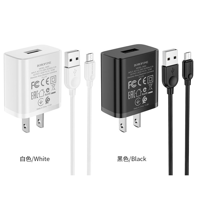 Bộ Cóc Cáp Sạc Borofone BA52 Cổng Micro - 1 Cổng USB 2.1A chuẩn US- Hàng  Nhập Khẩu ( Giao màu ngẫu nhiên)