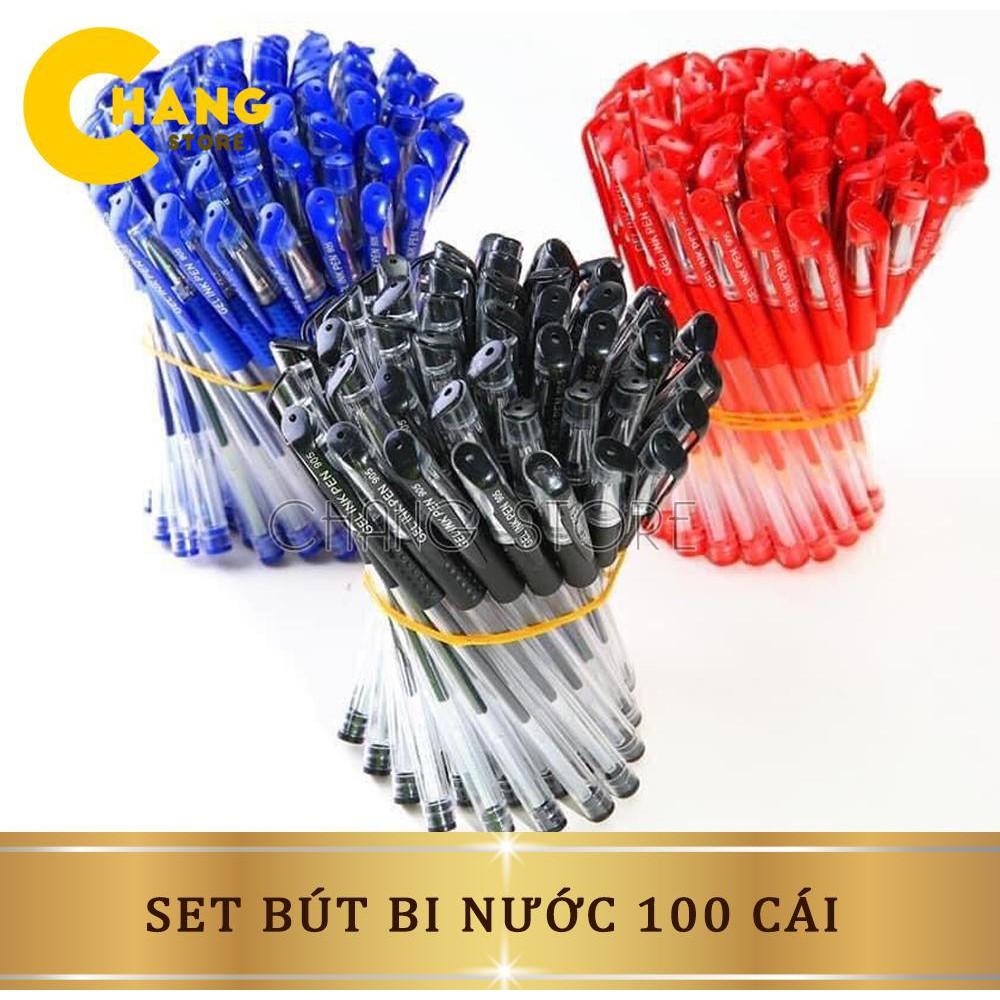 Sét 100 bút bi nước văn phòng 0,5mm mực đều nét chữ đẹp đủ màu đỏ, đen, xanh