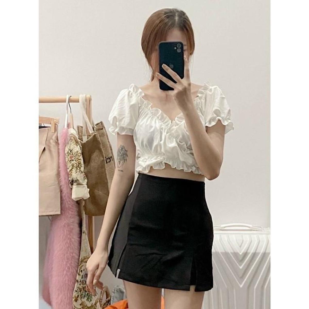 Áo croptop tay ngắn phối dây eo may kèm mod ngực cho nữ dưới 55kg thời trang aloha