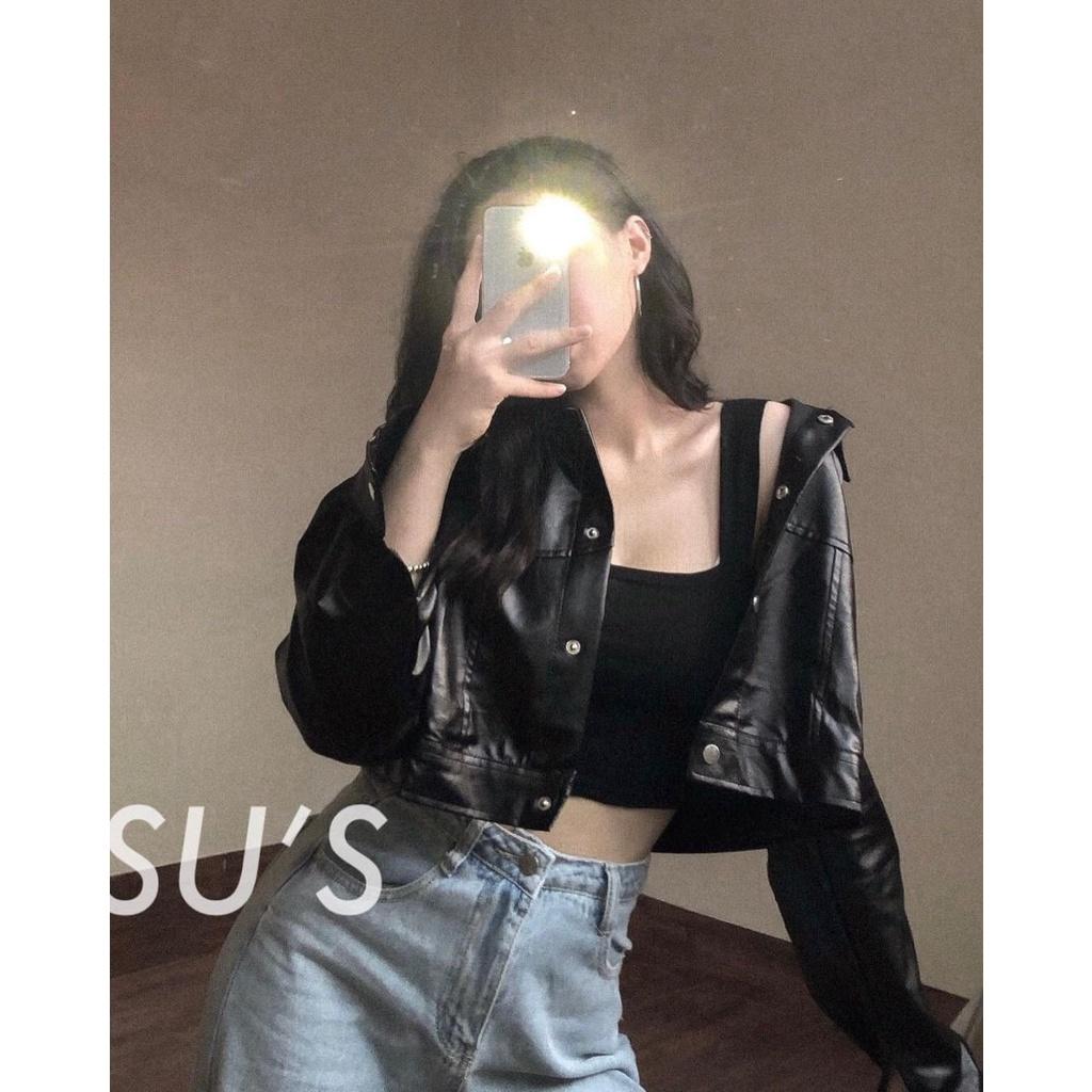 ÁO KHOÁC DA DÁNG CROPTOP DÀI DAY CÚC BẤM HACK DÁNG