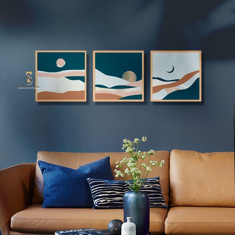 Bộ 03 Tranh Canvas | Sông.Trăng Abstract 3FSABS006 | Tranh Căng Khung Cao Cấp | Tặng Kèm Đinh Đa Năng