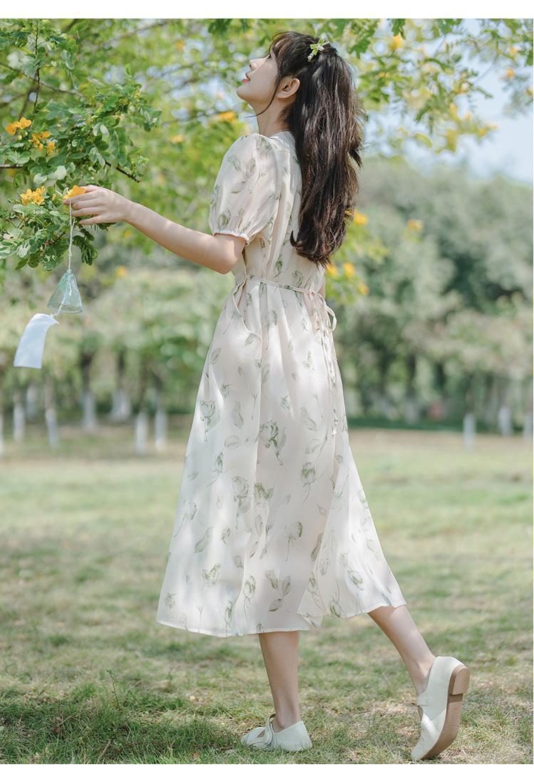 TOBE1SHOP Pháp nhỏ làm mới váy ngọt ngào thắt lưng ren-up trà nghỉ váy dài mùa hè hoa đầm phụ nữ