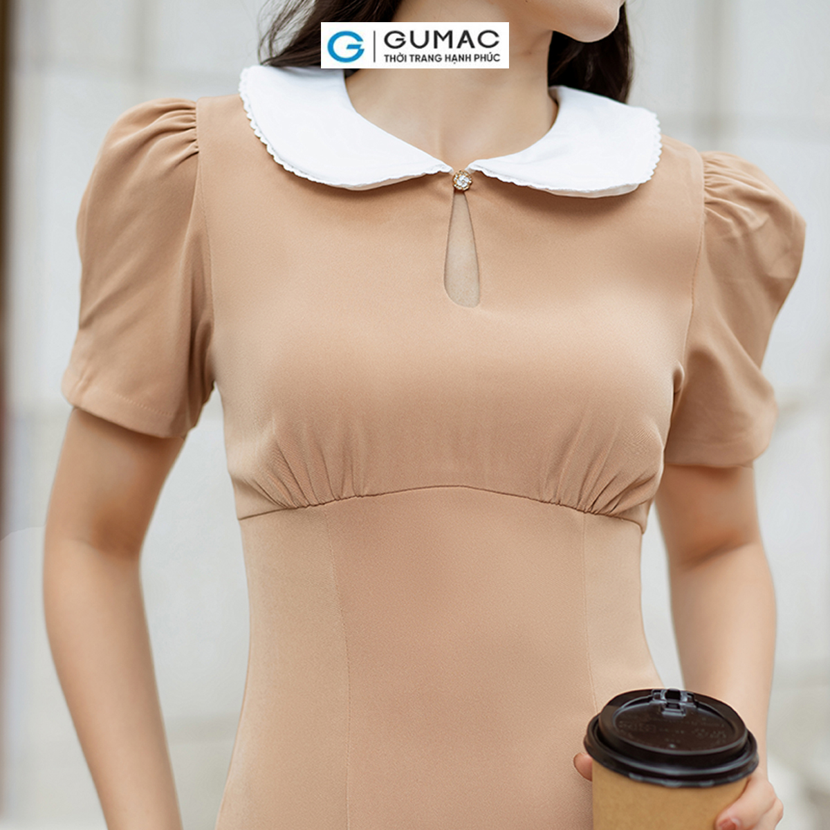 Đầm tay ngắn xếp ly phối bâu tròn thời trang GUMAC DD06057