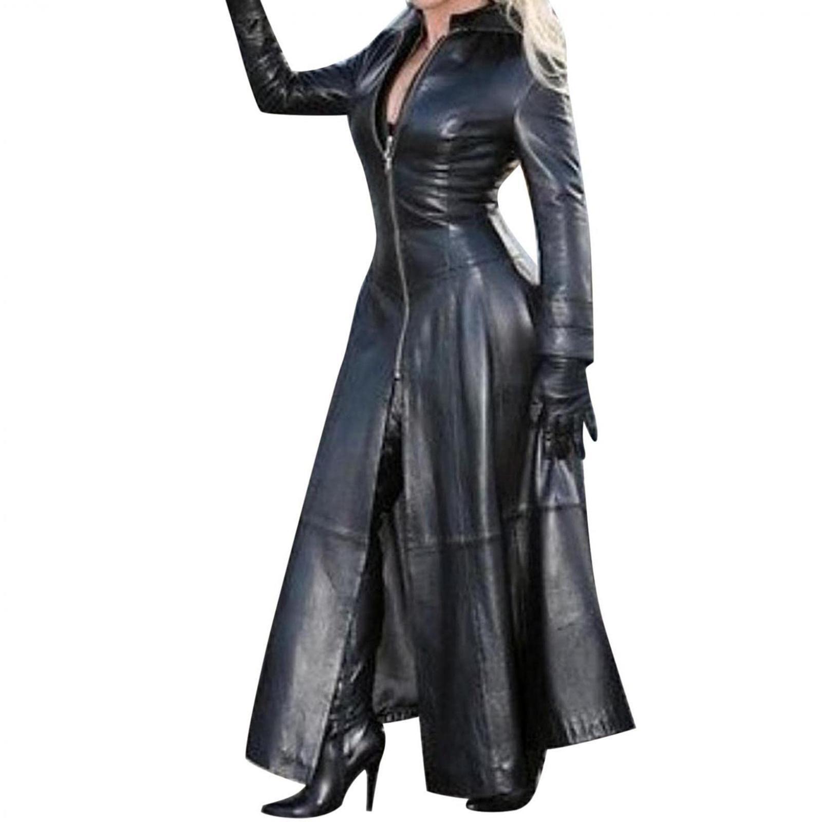 Long coat dress jacket women winter pu leather S Black