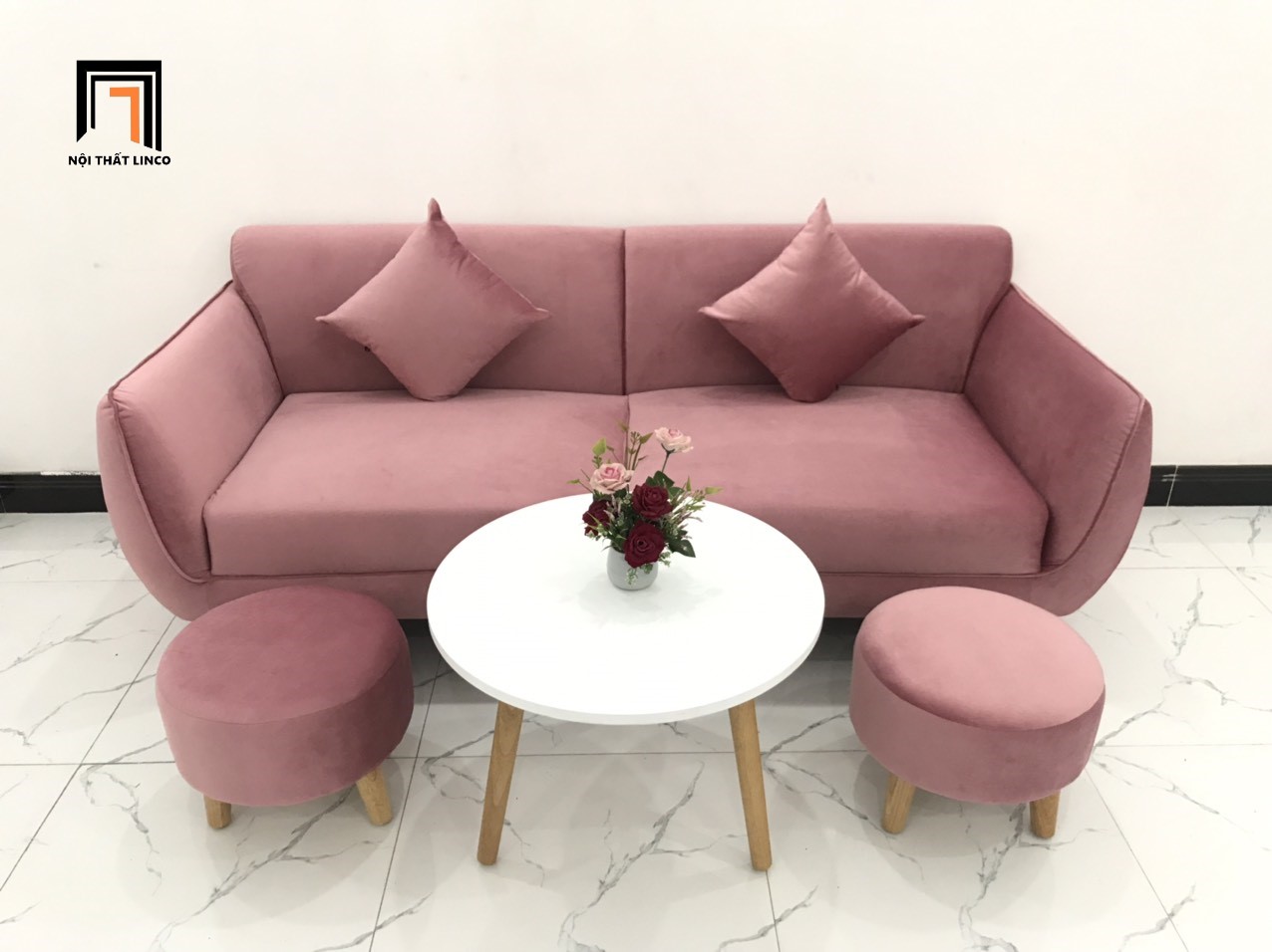 Bộ bàn ghế sofa phòng khách hồng cánh sen vải nhung nhiều kích cỡ