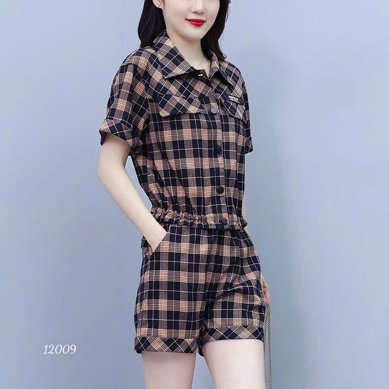 Set bộ cotton lụa dày sọc nữ quần ngắn mặc nhà dạo phố phối nâu đen trẻ trung