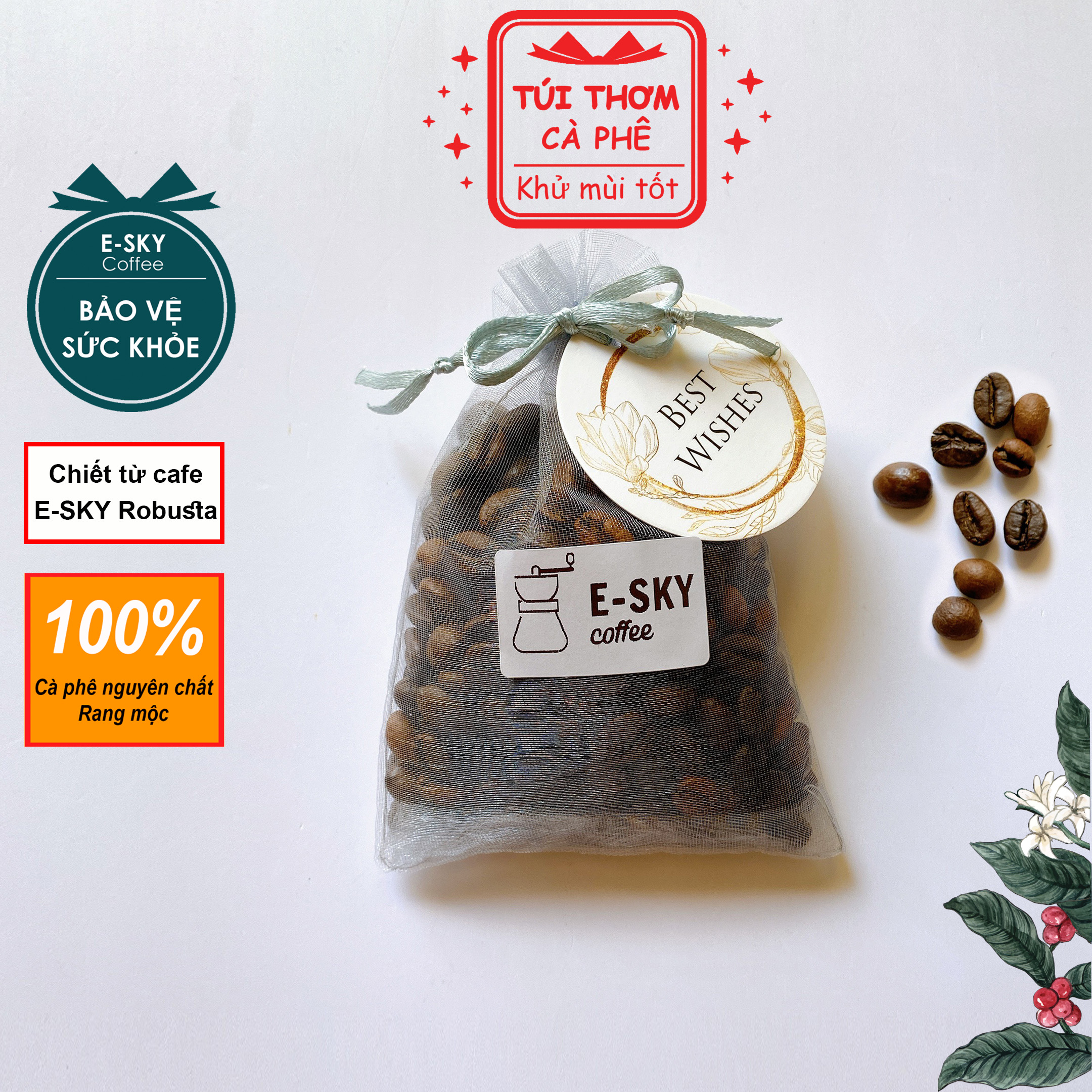 Túi Thơm Cà Phê E-SKY Coffee Khử Mùi Ô Tô, Tủ Lạnh, Tủ Quần Áo, Văn Phòng, Nhà Ở Bằng Túi Vải Voan 50gr