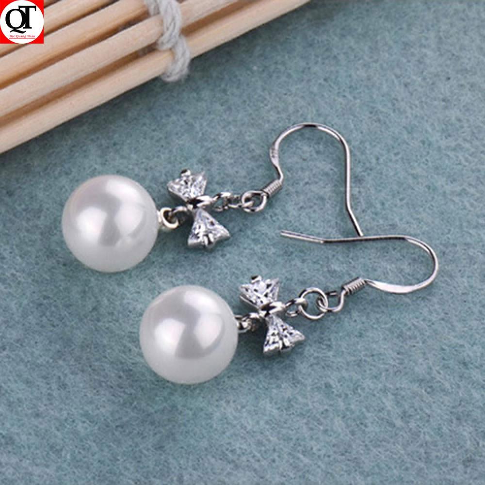 Bông tai nữ ngọc nhân tạo kiểu dáng dài gắn đá cobic trắng đeo sát tai 100% chất liệu bạc trang sức Bạc Quang Thản
