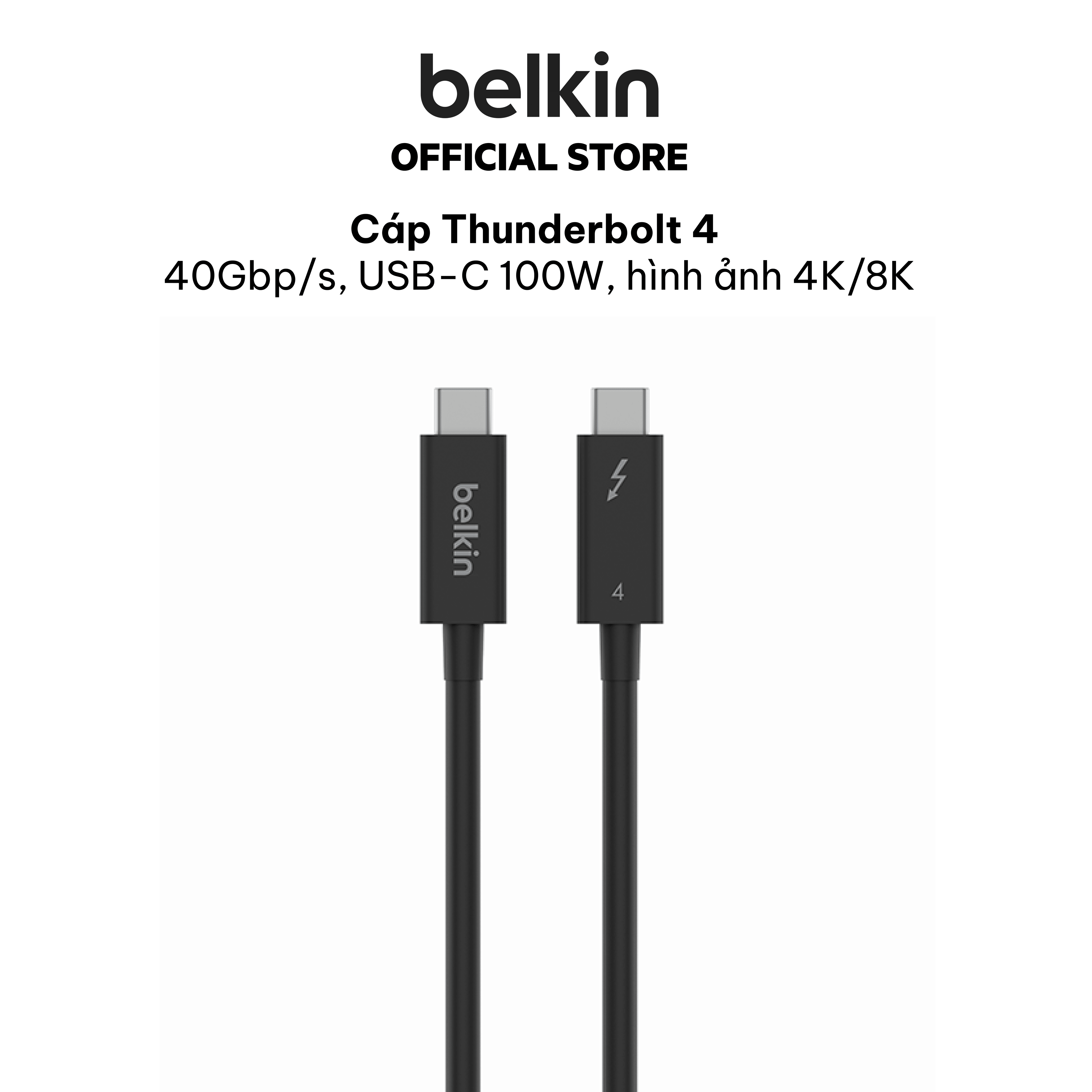 Cáp Thunderbolt 4, 40Gbp/s, hỗ trợ sạc nhanh USB-C 100W/5A, 8K, màu đen Belkin - Hàng chính hãng - Bảo hành 2 năm
