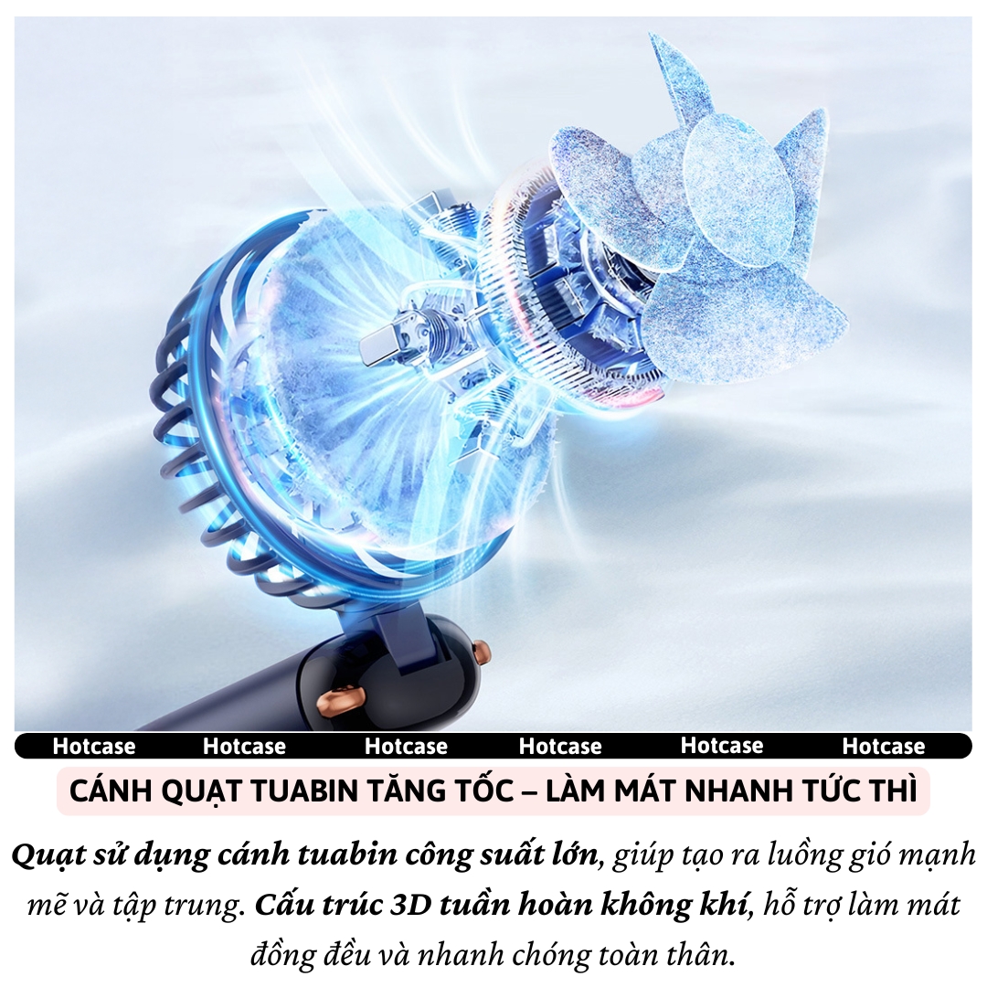 Quạt Cầm Tay, để bàn, gắn tường Turbo công suất cao hiệu HOTCASE Swivel Pin 4000mAh,Đèn Led hiển thị, 05 Cấp Độ Gió, Gió Mạnh, Êm, Pin Khủng, Siêu Nhỏ Gọn, tích điện sạc, mini cầm tay - Hàng nhập khẩu