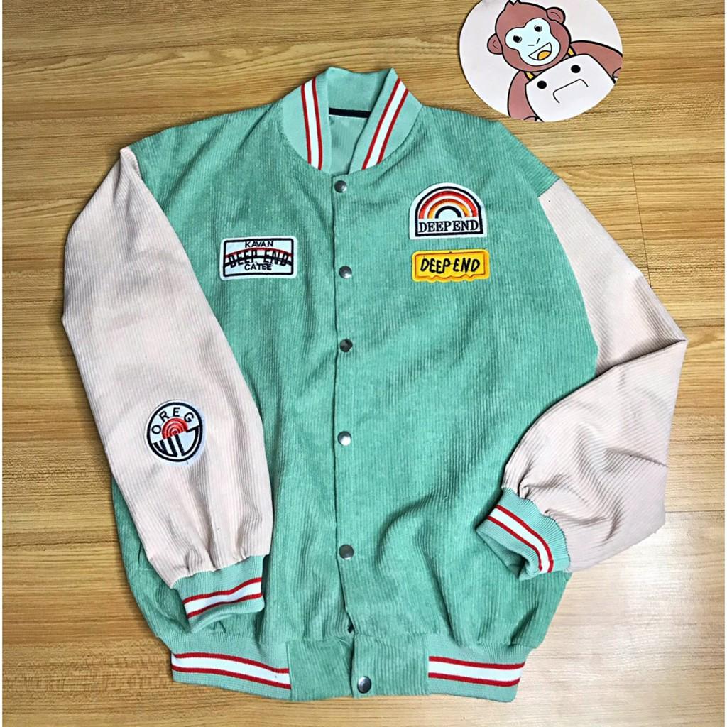 Áo khoác Bomber nữ, chất nhung gân, màu xanh cốm , kiểu dáng thêu logo cực xinh, áo khoác chống nắng (kèm ảnh thật