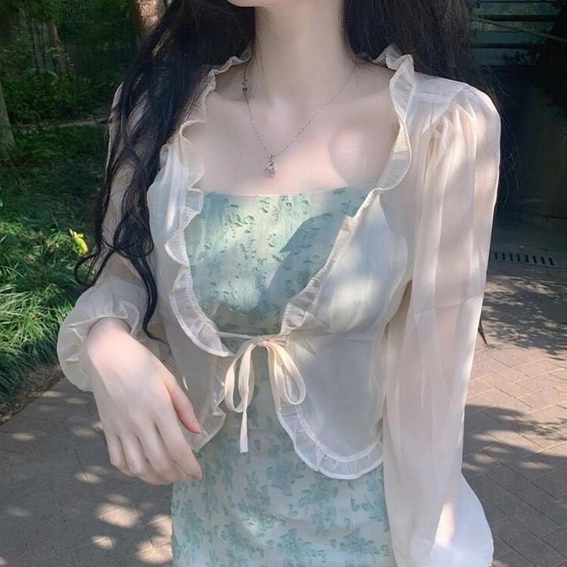 Áo Khoác Nhẹ Ngoài Váy Cadigan Nữ Màu Xanh Be Trắng Hồng Chất Chiffon Dài Tay Phong Cách Tiểu Thư Hàn Quốc