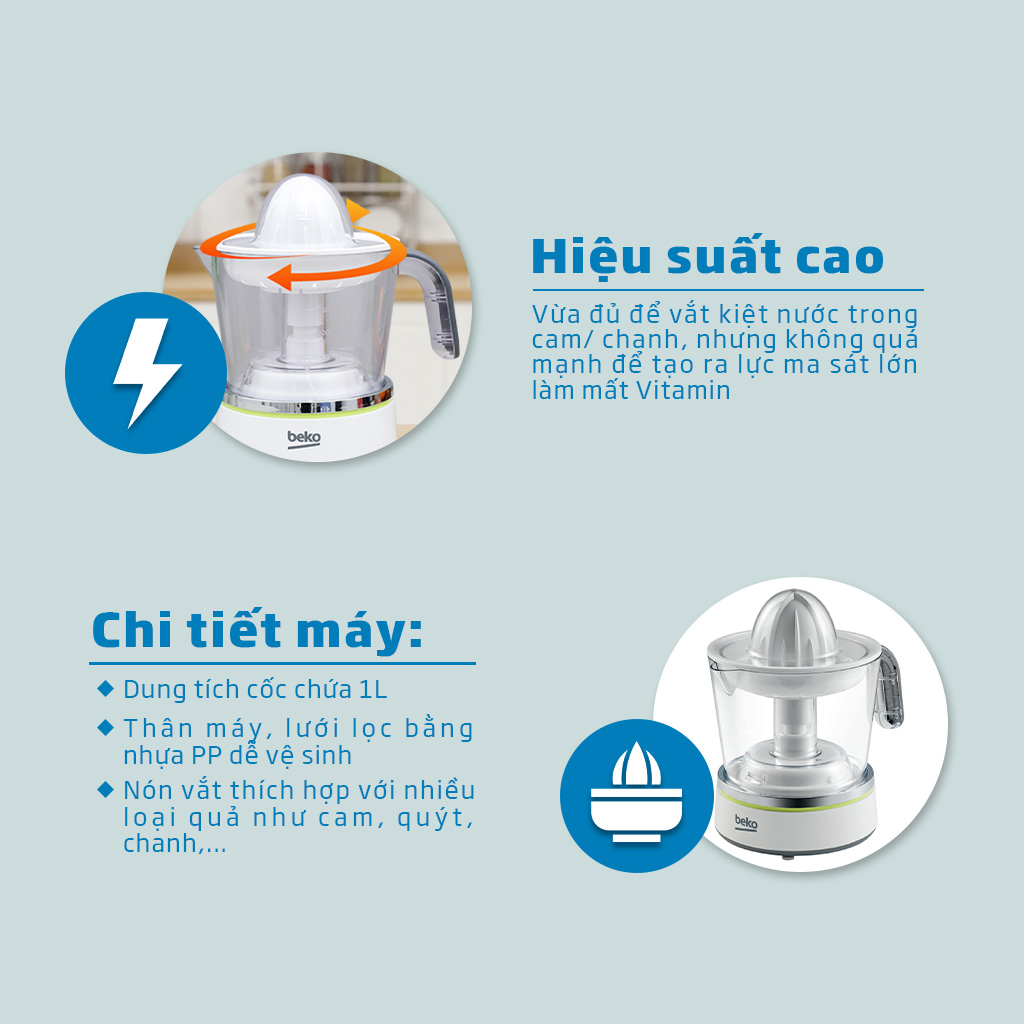 Máy Vắt Cam BEKO 1L Công Suất 40W, Gồm 2 Đầu Vắt Tự Động Đảo Chiều Không Gây Đắng Khi Dùng - CJB5103W - Hàng Chính Hãng