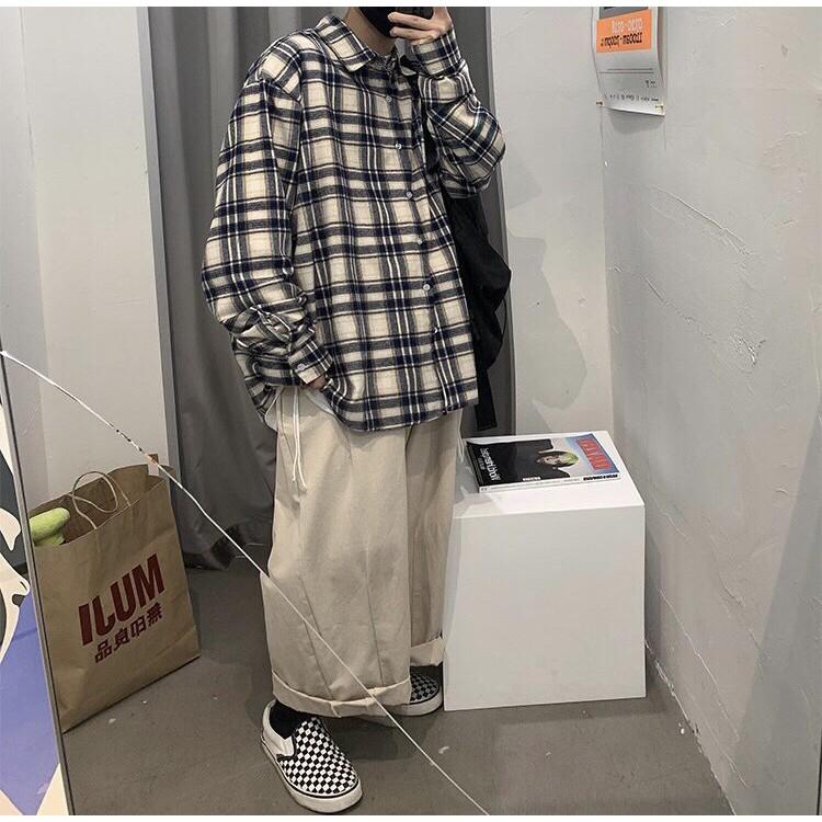 Áo sơ mi nam form rộng Unisex Oversize CARO đen KEM sọc cá tính chạy đường chỉ đen cá tính chất liệu kate dày dặn xịn mịn form 50-70kg mặc